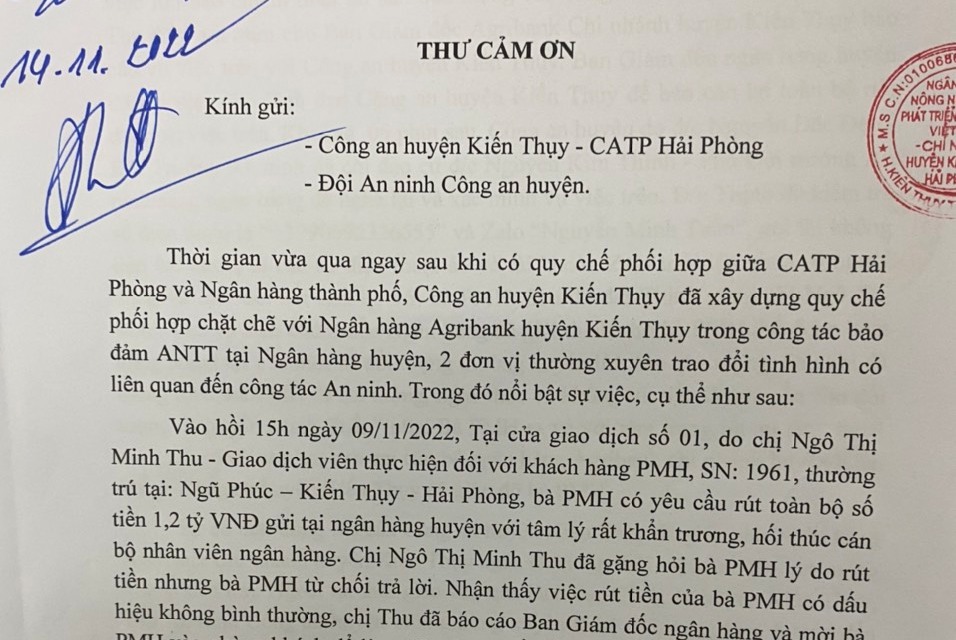 Công an huyện Kiến Thụy phối hợp ngân hàng Agribank chi nhánh Kiến Thụy ngăn chặn vụ lừa đảo 1,2 tỷ đồng qua mạng